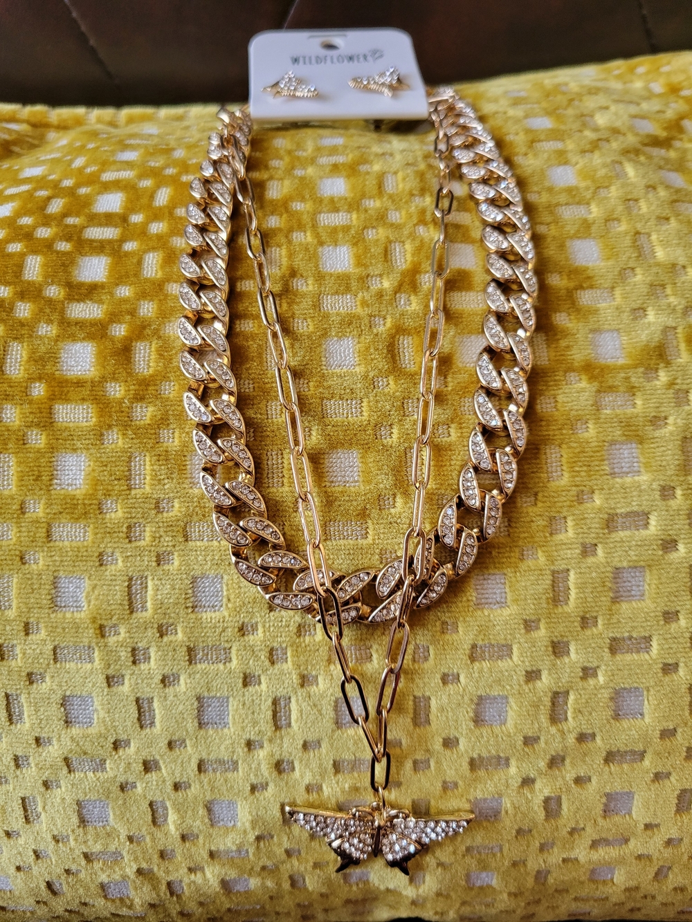 Wildflowers Gold Crystal Layered Cuban Link Necklace with Wing Pendant